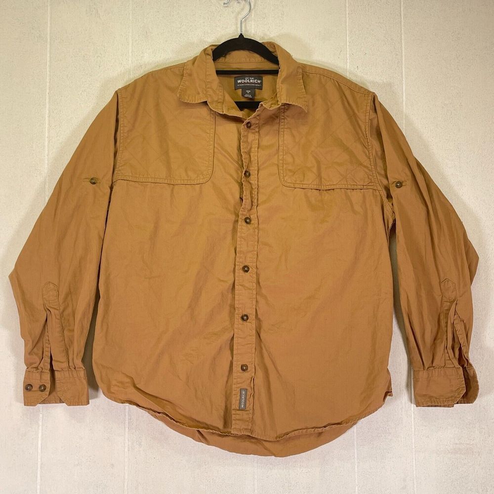 Men's Medium Woolrich Beige‎ Hunting Shirt Botton Front Shoulder LT Buckskin